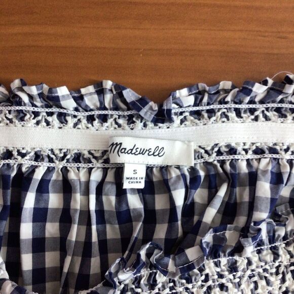 Madewell Smocked Gingham‎ White And Blue Off The Shoulder Top Size Small - Picture 9 of 9
